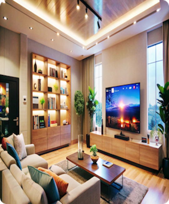 A modern living room with a wall-mounted TV, enhanced by profile lighting to create a welcoming and inviting space.