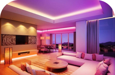 A contemporary living room showcasing purple lighting and elegant furniture, creating a vibrant and inviting space.