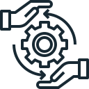  An illustration of a hand holding a gear wheel icon, representing the integration of human effort and machinery.